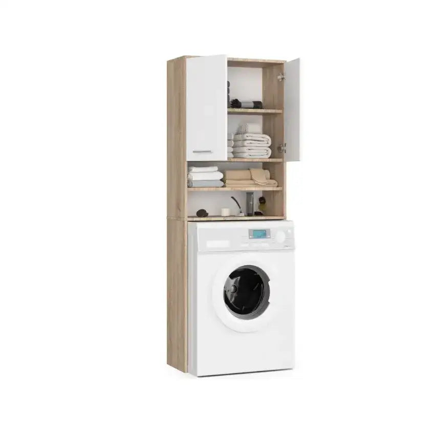 Skap over vaskemaskin i sonoma eik og hvitt, fire hyller, fylt med håndklær og oppbevaring.