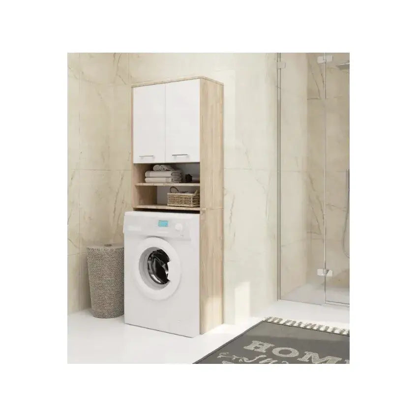 Skap over vaskemaskin i sonoma eik og hvitt, frontvisning med åpne hyller og øvre skapdører.