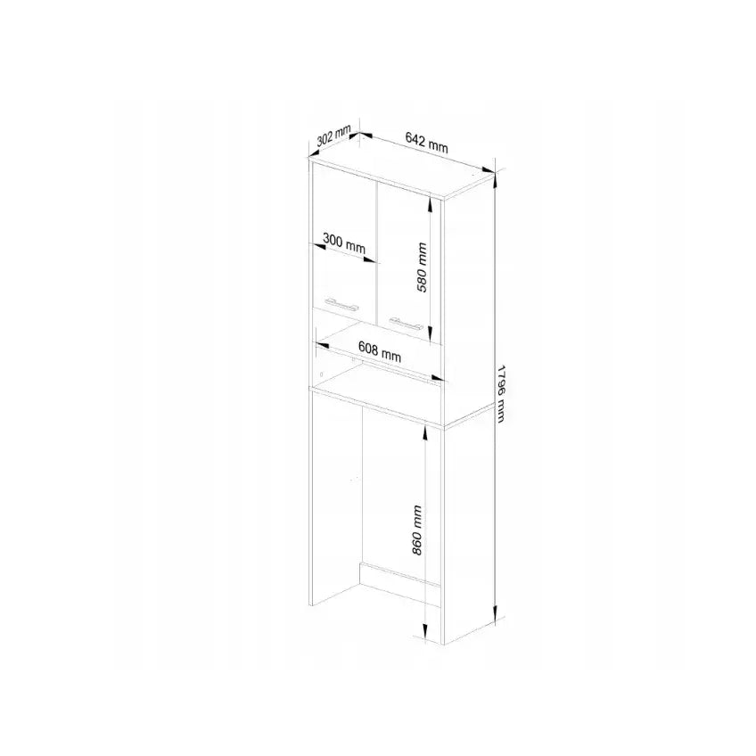 Skap over vaskemaskin 180 cm, teknisk tegning som viser skapets mål og hyllenes innvendige dimensjoner.