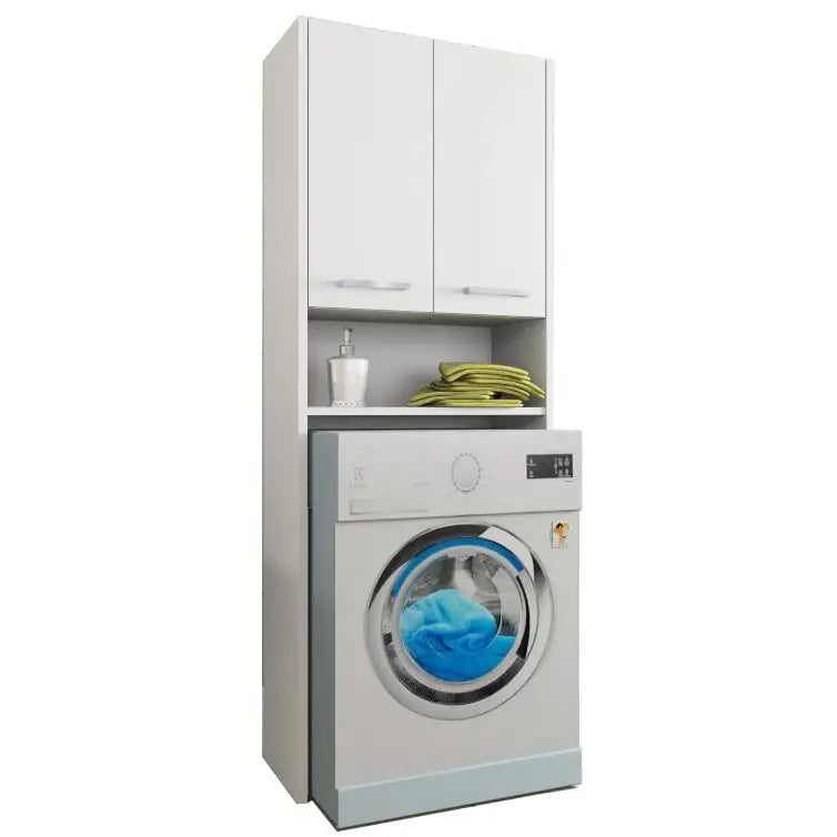 Skap LUNA 64 cm, hvitt høyskap med doble overskap og åpen hylle over vaskemaskin, håndklær og dispenser.