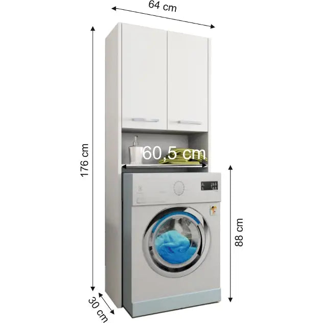 Skap LUNA 64 cm, hvit søylehylle med doble dører over vaskemaskin, mål for bredde, høyde og dybde vises.