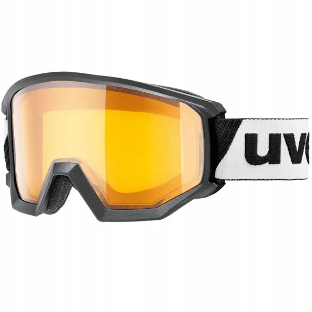 Ski goggles Uvex Athletic Lgl S1, sorte sportsbriller med oransje speilglass og hvit stropp med logo, frontvisning.