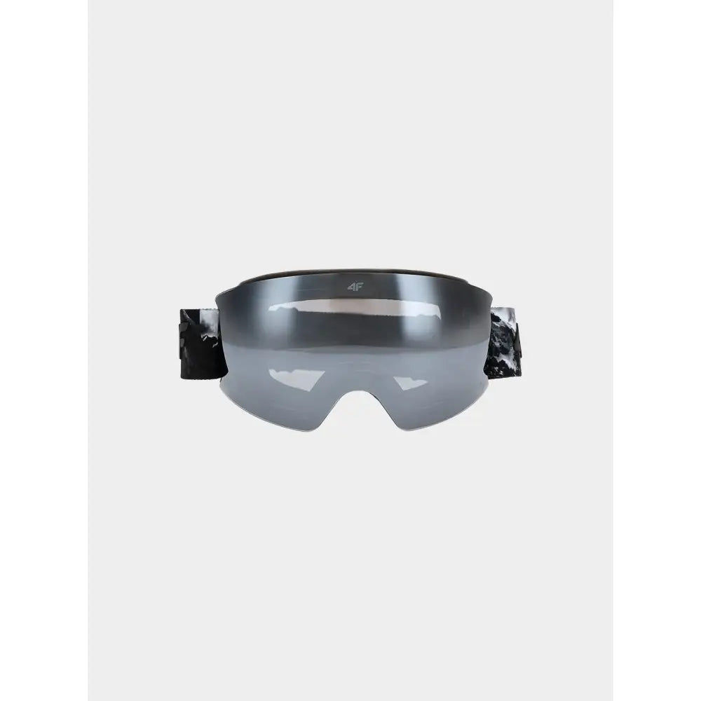 Skibriller 4F med sort og grått speilglass, frontvisning og elastisk bånd med svart-hvitt mønster.