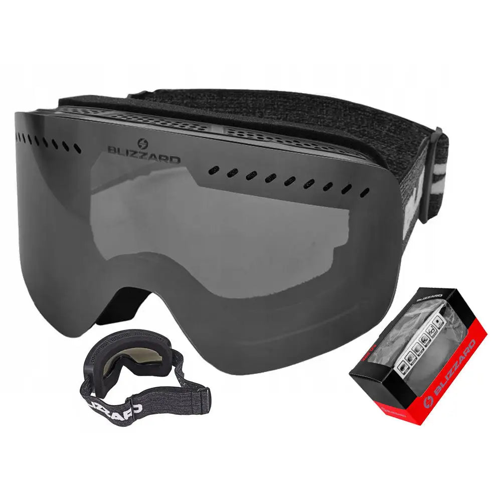 Skibriller Blizzard 985 Dazo i svart med røyksølv speilglass, skråvisning med eske og hodestropp.