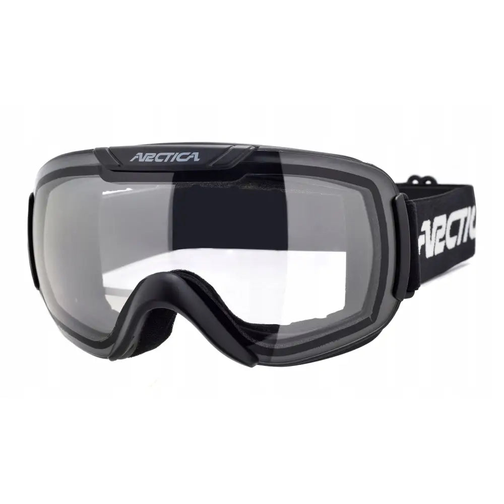 Skibriller med klar linse for nattkjøring, frontvisning med sort stropp, hvit logo og polstret neseparti.