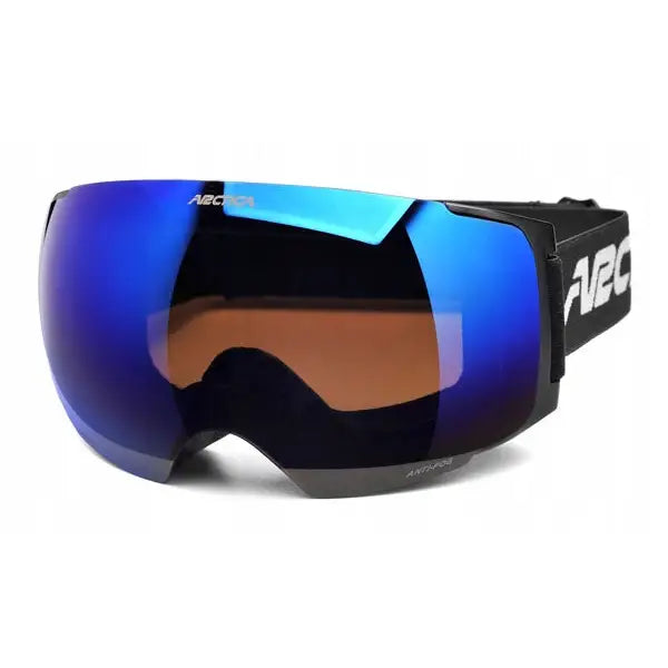 Skibriller Arctica G med speilblå, buet linse og justerbar sort rem med hvit logo, sett forfra og fra siden.