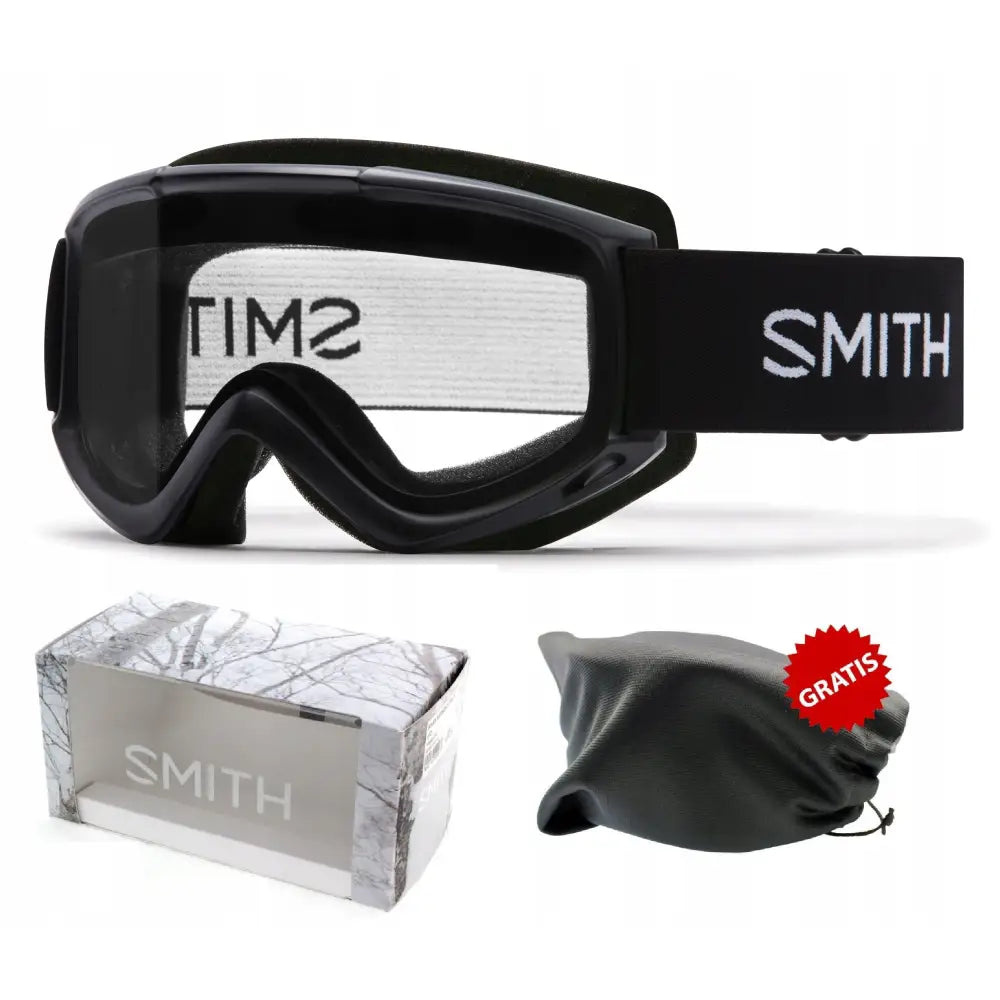 Skibriller Smith Classic Cascade med klart glass, hvit stropp med svart logo, samt oppbevaringspose og original eske.