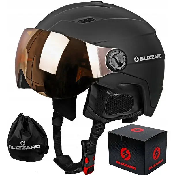 Skihjelm Blizzard Double med oransje speilvisir, matt sort finish, synlig justeringshjul og avtagbare øreputer.