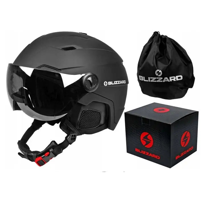 Skihjelm Blizzard Double Visor matt svart med visir, justerbar hakestropp, pose og eske med rød logo.