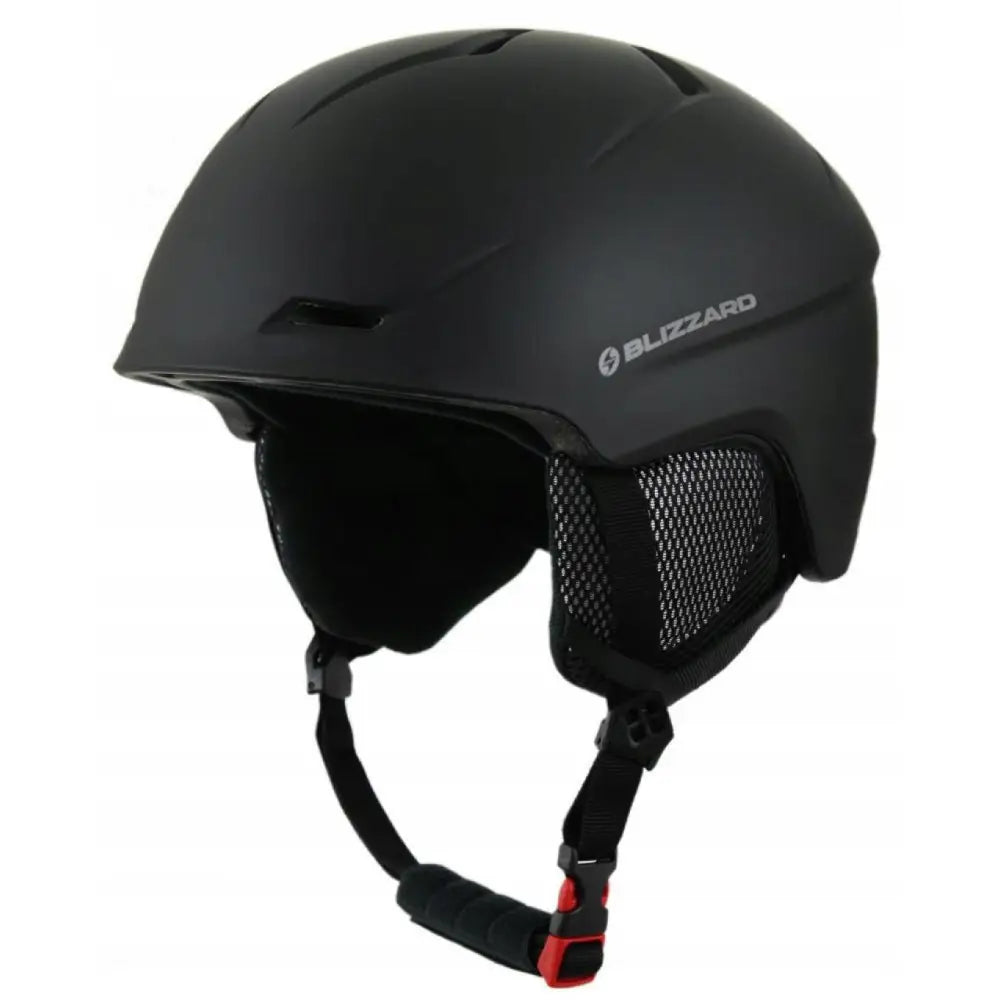 Skihjelm Blizzard Spider i matt svart, sidevisning med nettingdekte øreputer og rødjustert hakestropp.