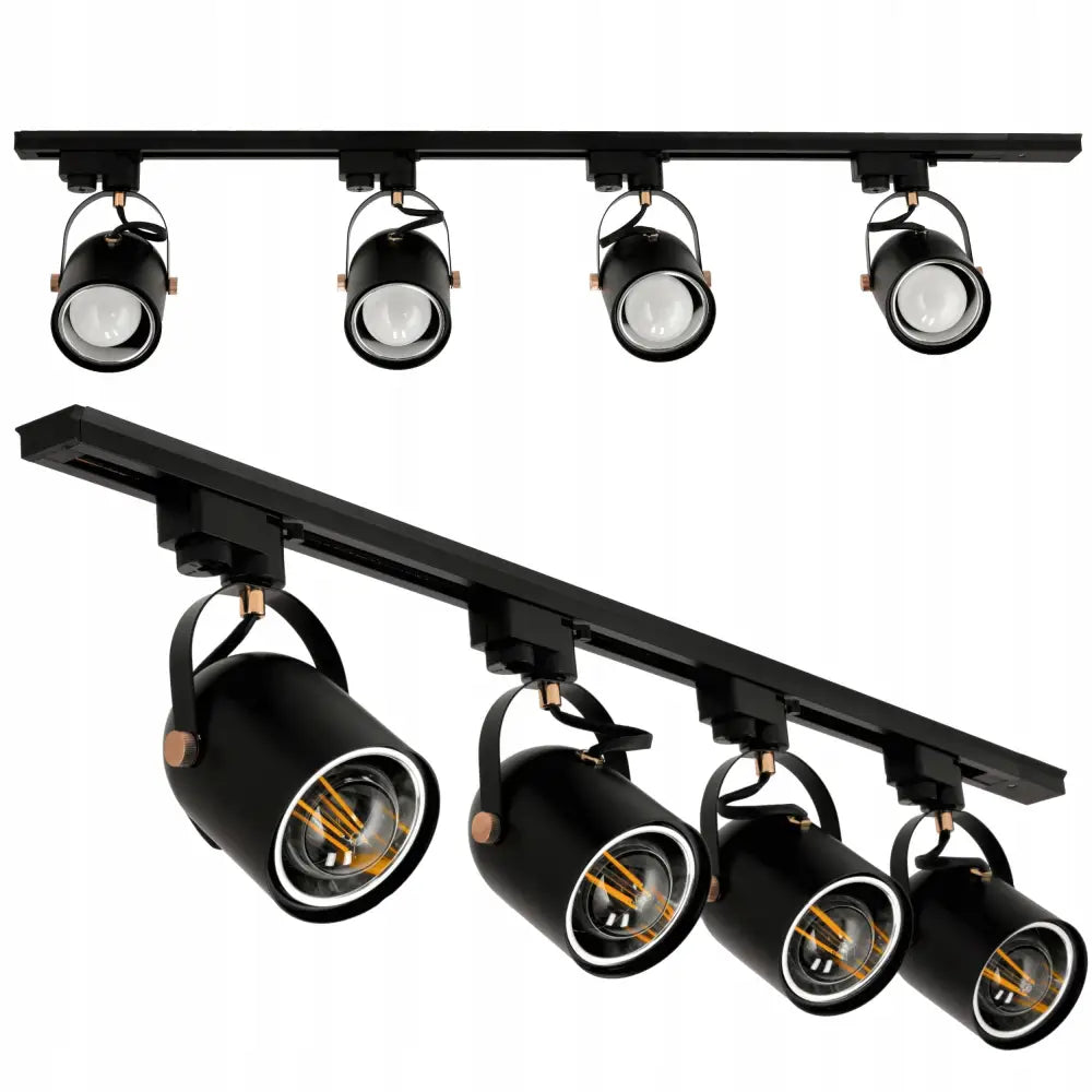 Skinnebelysning med fire sorte, justerbare spotlights i metall og bronsefargede detaljer på én meters skinne.