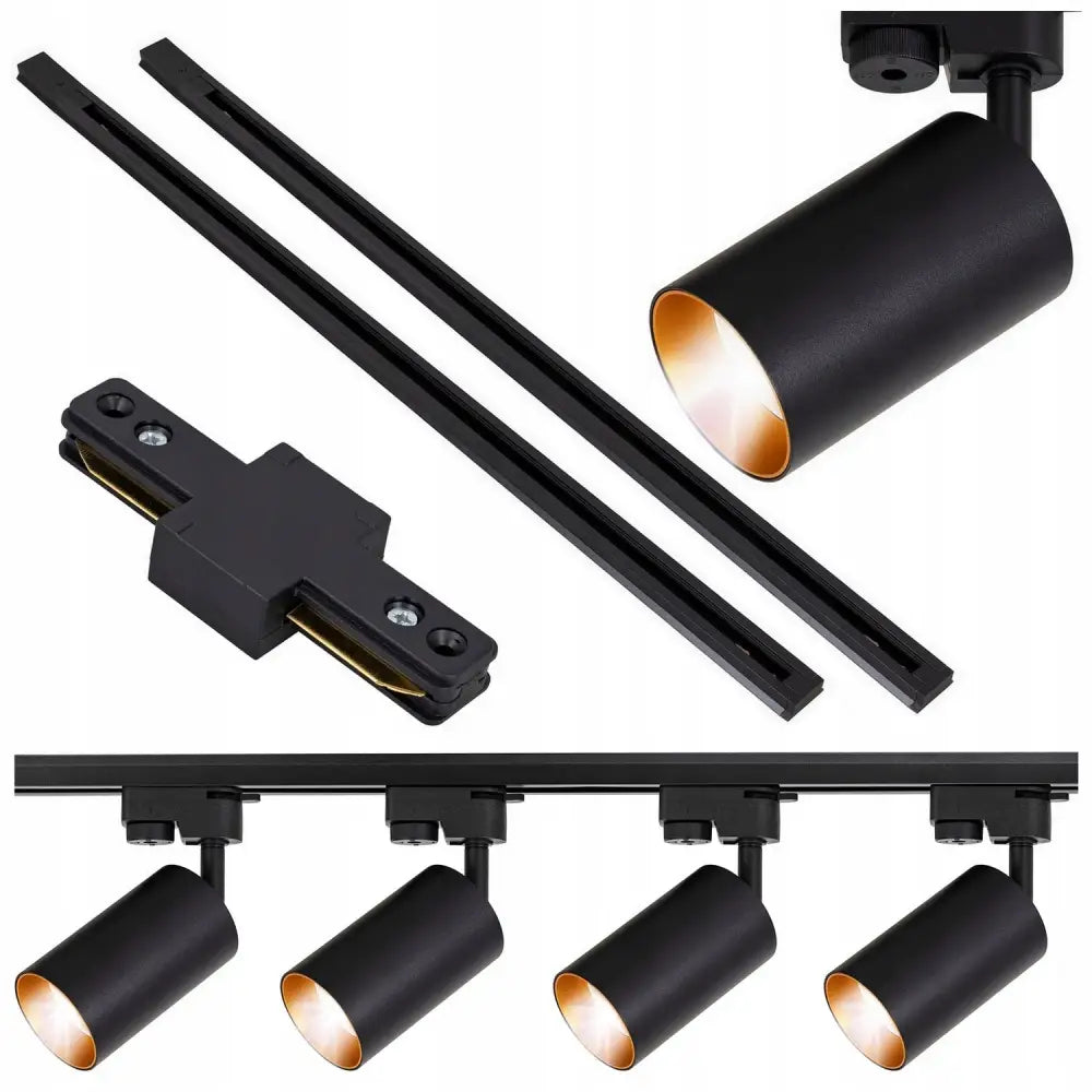 Skinnebelysningsett med fire svarte GU10 spotlys montert på 2 meter gullskinne, sett med løse deler.