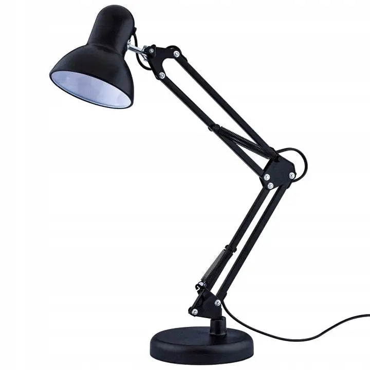 Sammenleggbar LED skrivebordslampe i svart metall, sidevisning med justerbare armer og rund base.
