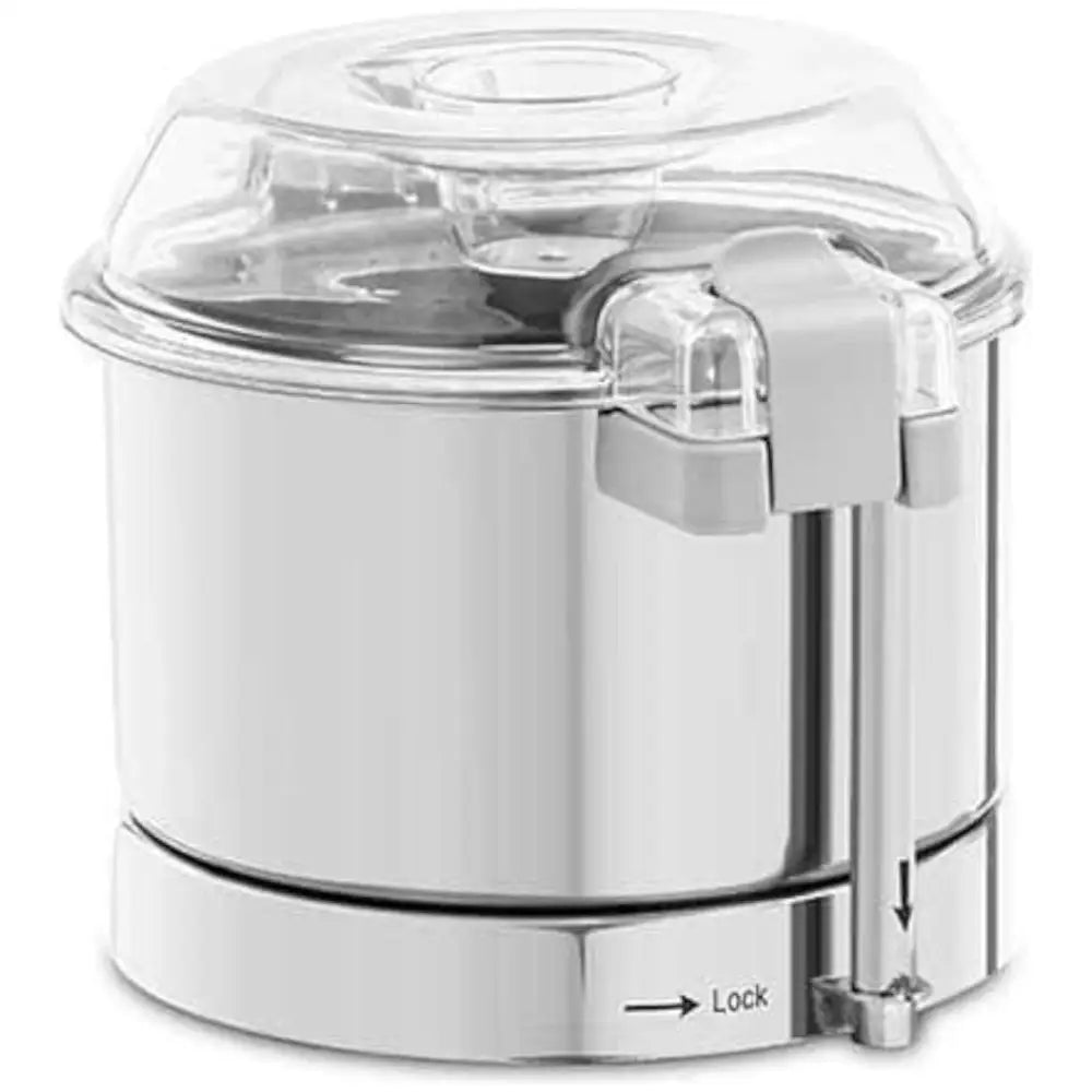 Elektrisk grønnsakskutter med fire disker, skråvisning av beholder med tydelig låsemekanisme og plastlokk.