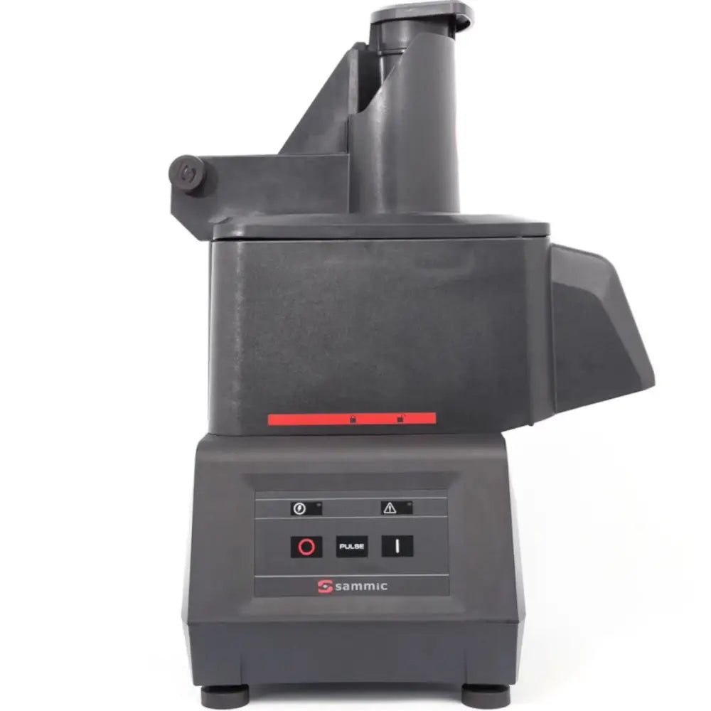 Skiver og skjærer for grønnsaker, sidevisning med synlig kontrollpanel, sorte knapper og metalliske detaljer.