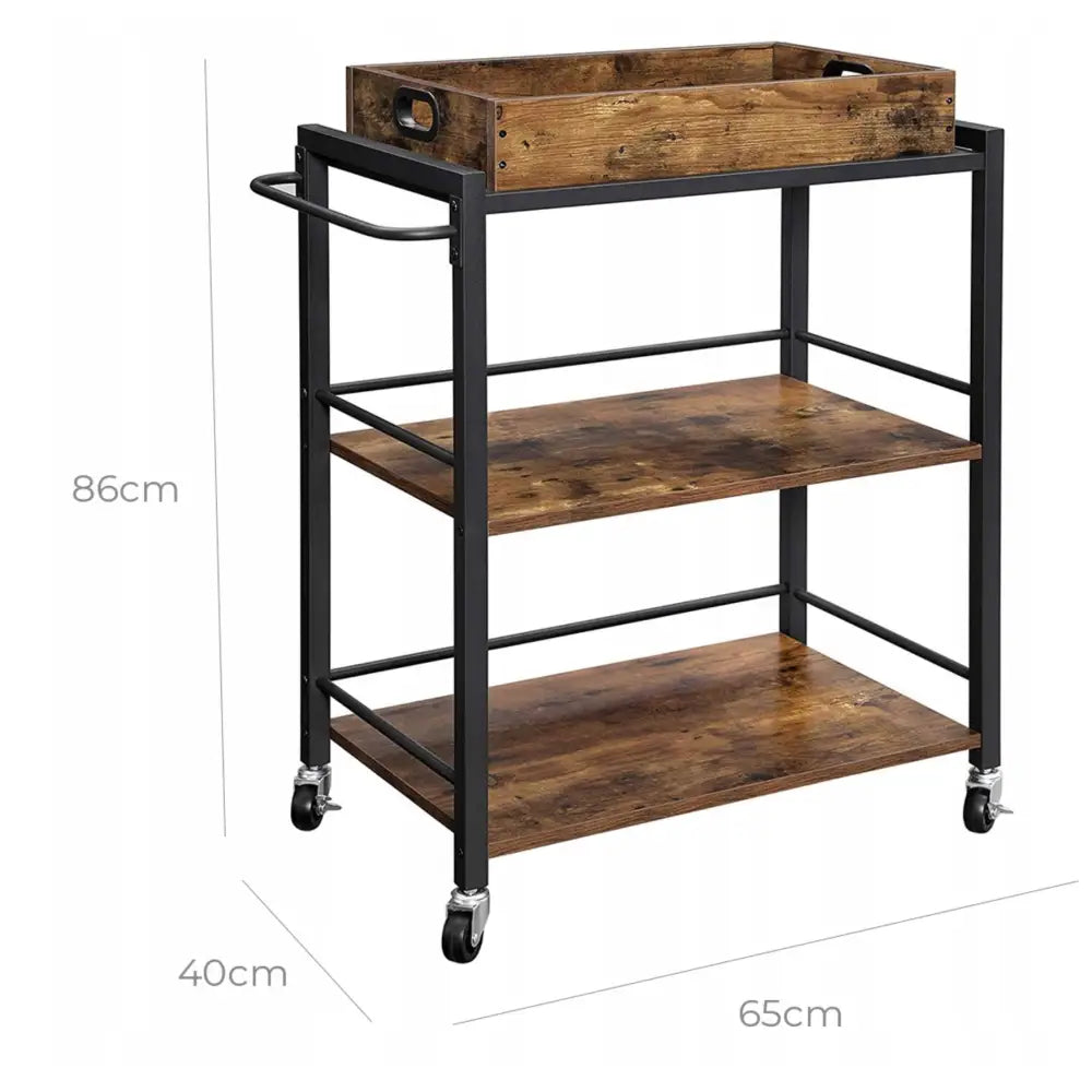 Skjenk på hjul for kjøkken, serveringsvogn med sort metallramme og trehyller, sett skrått forfra.