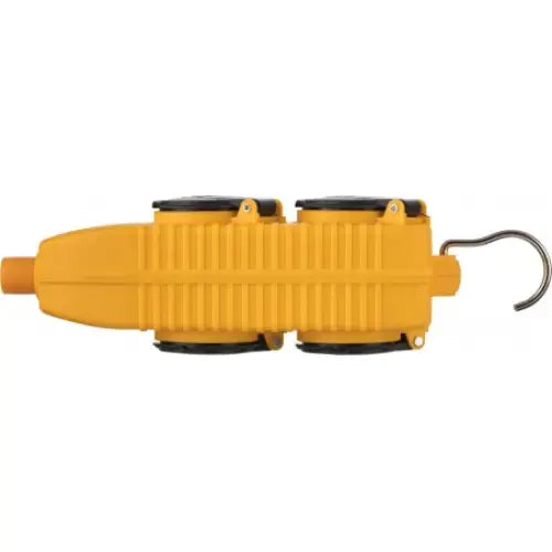 Skjøteledning Powerblock IP54, gul rektangulær enhet sett ovenfra med sorte uttak og metallkrok i enden.