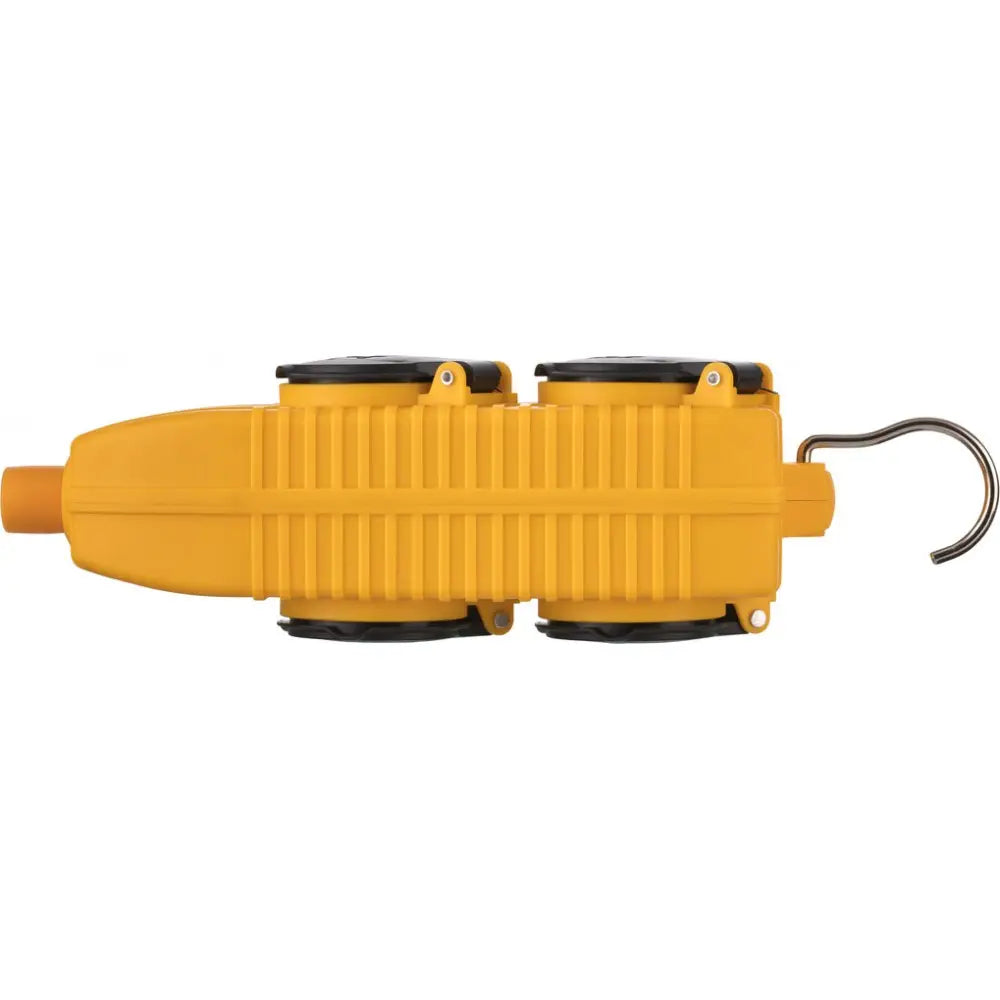 Skjøteledning Powerblock, gul enhet med sorte hjul og metallkrok, sidevisning mot hvit bakgrunn.