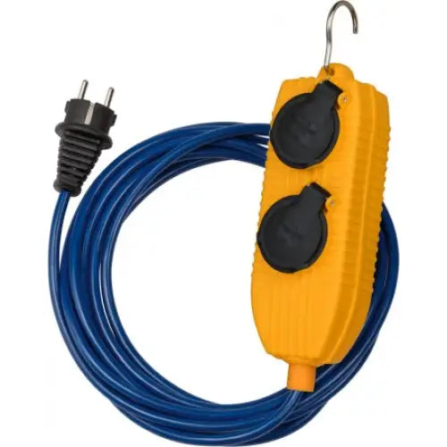 Skjøteledning Powerblock IP54, blå kabel og gul forgreningsboks med to sorte uttak og krok for oppheng.