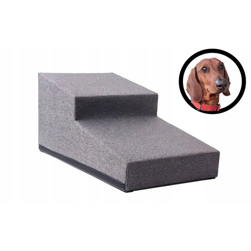 Sklierampe for Hund 30cm til Dachshund, grå polstret trapp med to trinn, skrå visning og hundeillustrasjon øverst til høyre.