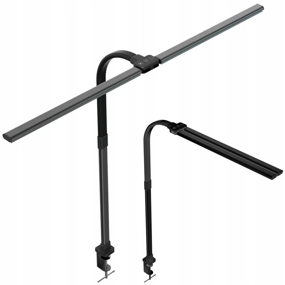 Skole-bordlampe med LED, svart design med justerbar arm, berøringsknapper og bordfeste, front- og sidevisning.
