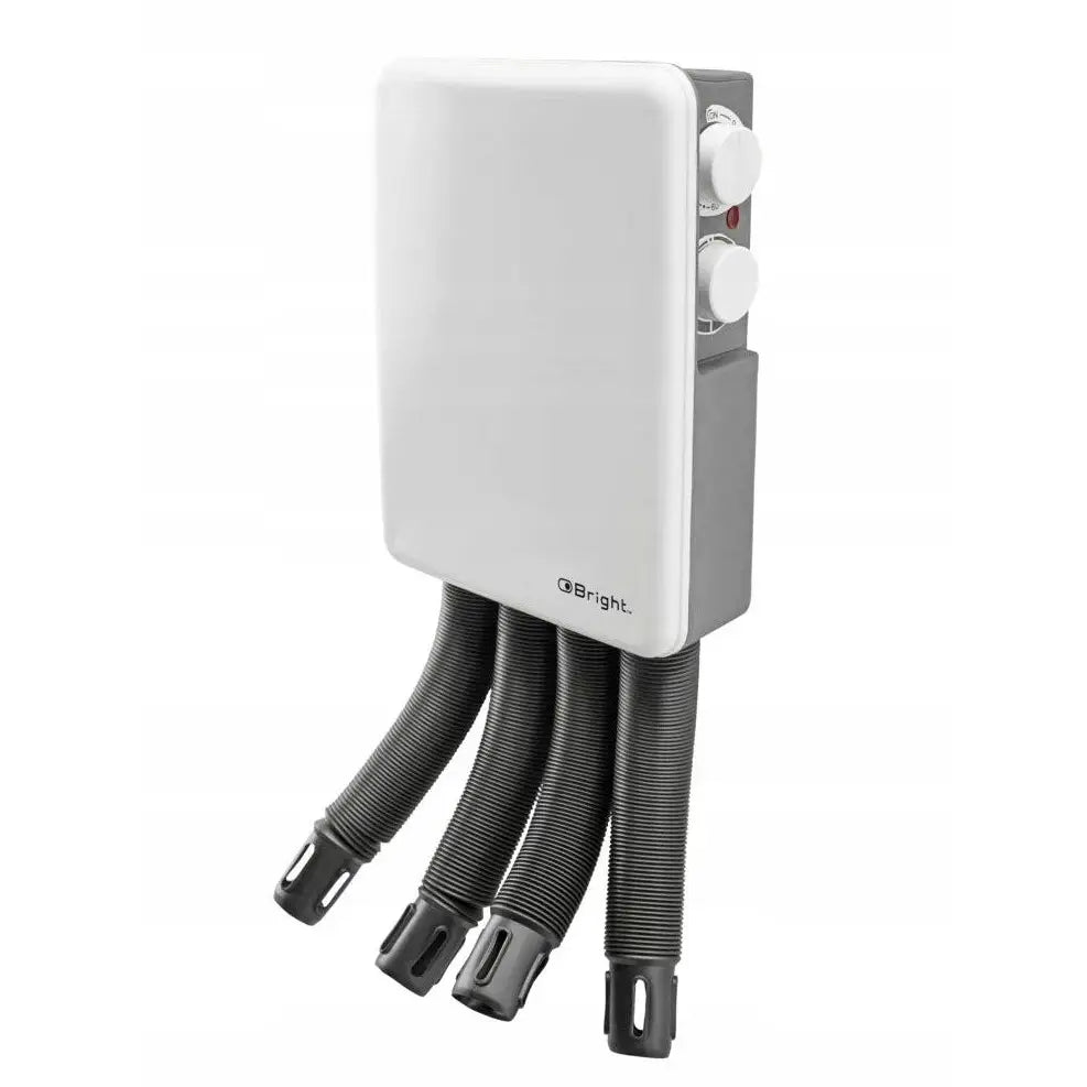 Skotørker for to par sko, veggmontert hvit enhet med fire svarte slanger og to dreieknapper, skrå vinkel.