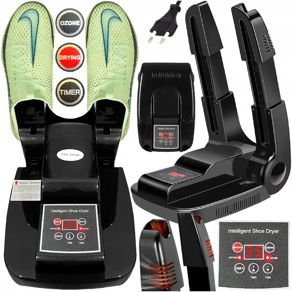 Skotørker med ozon, sort plast med digitalt display, justerbare armer og grønne joggesko til tørk.