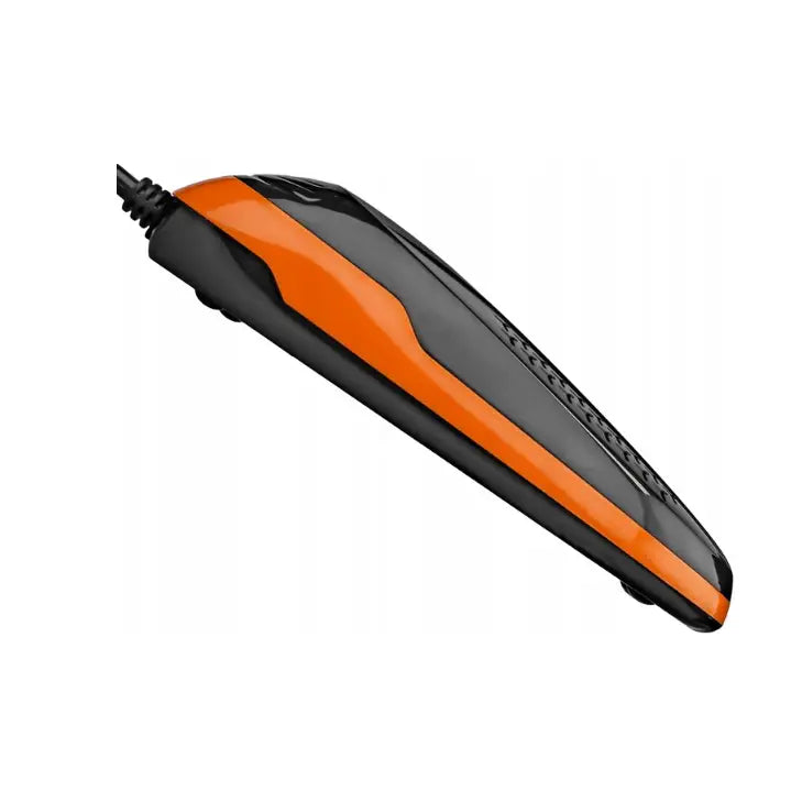 Elektrisk hårklipper med svart og oransje design, sidevisning der ledningen er tydelig synlig.