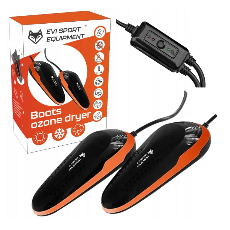 Skotørker med ozon, to svarte og oransje enheter med strømbryter, produkteske synlig i bakgrunnen.