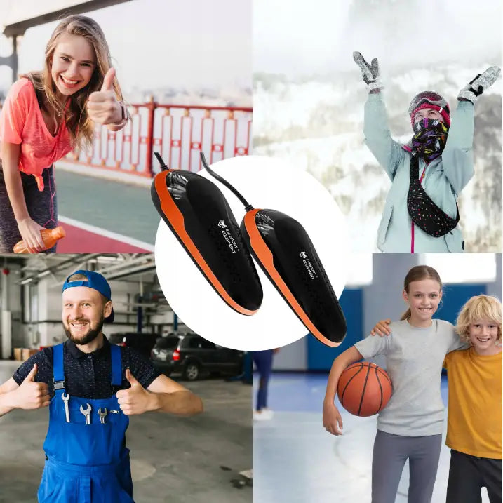 Skotørker med ozonfunksjon, svart og oransje design i skrå vinkel, omgitt av aktive mennesker i ulike miljøer.