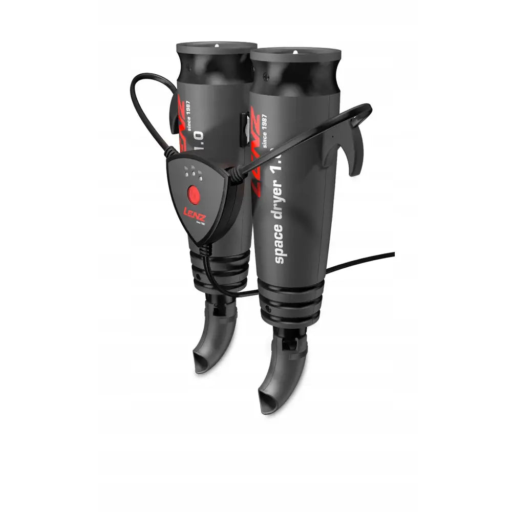 Skotørker og hansketørker fra Lenz, sett forfra med fleksible slanger, kontrollpanel og synlige logoer.