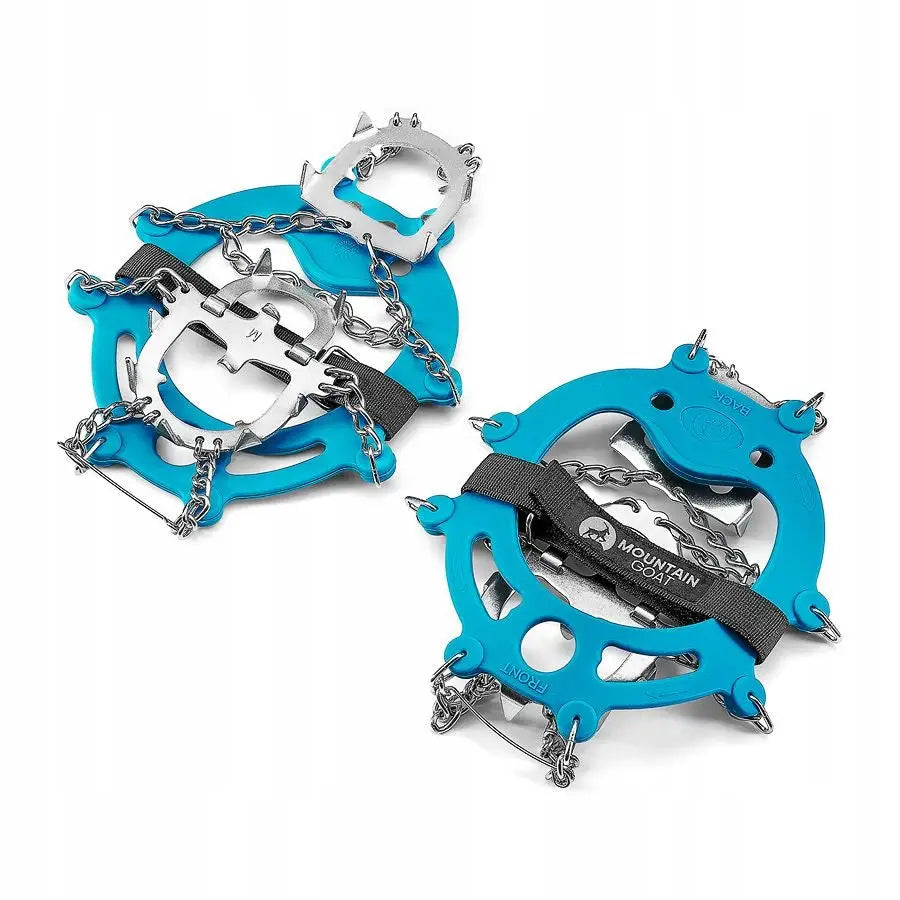 Skotrekk Mountain Goat Pro+ R, blå brodder med metallpigger og svart rem med logo og FRONT-merke, sett ovenfra.