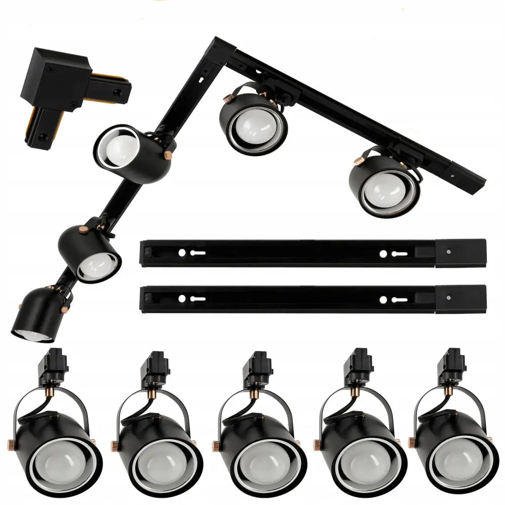 Skrå hjørneskinne ledningssett 2M, svart metall med flere spotlights og skinneelementer sett forfra og fra siden.