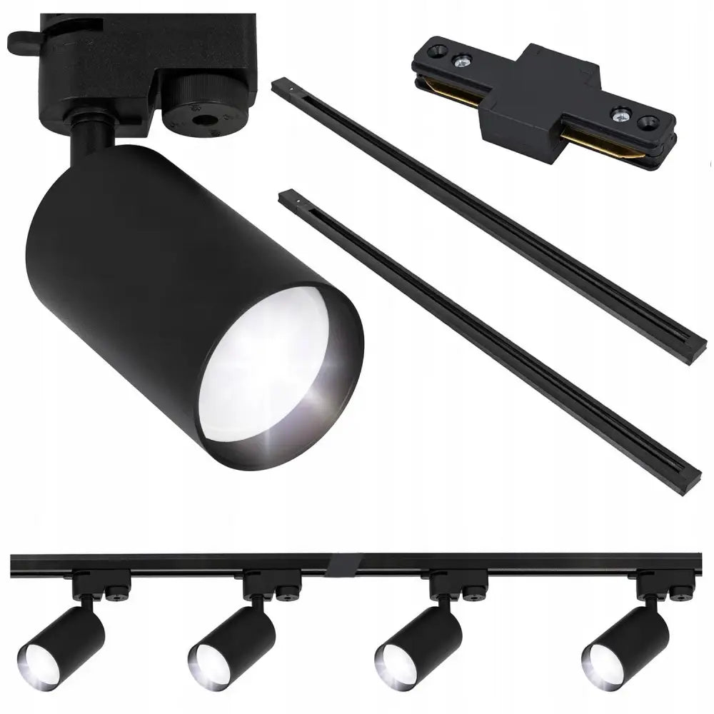 Skrailysbelysning med fire sorte GU10 LED-lamper, skinne og koblingsdel, sylinderhoder i metall.