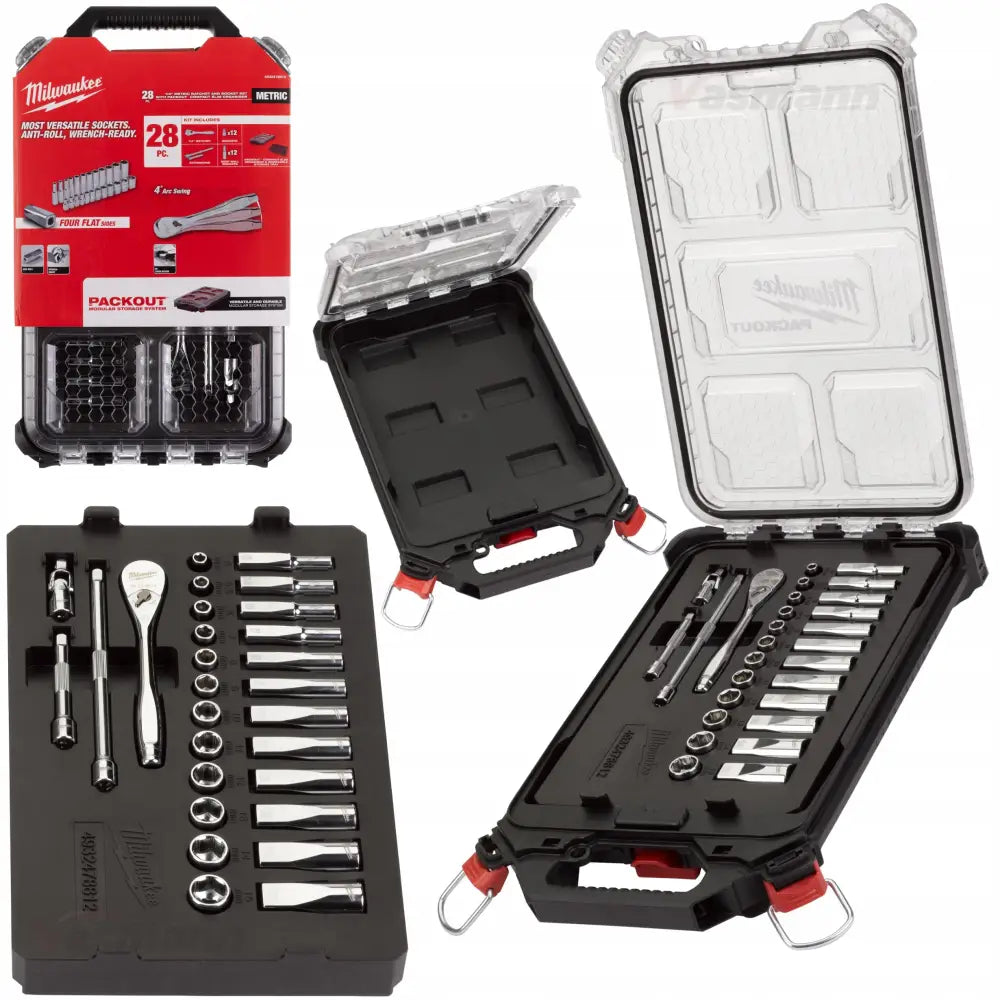 Skrallenøkkelsett 1/4'' Milwaukee Packout, 28 deler i sort koffert med gjennomsiktig lokk og rød etikett.