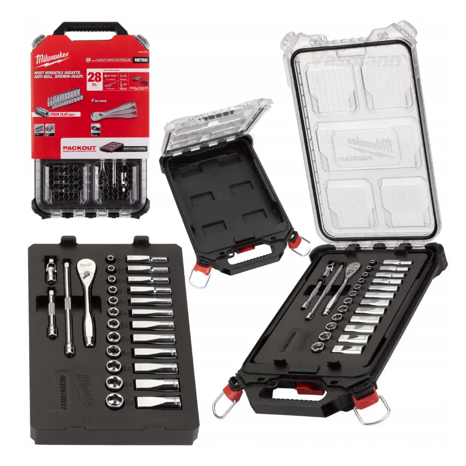 Skrallenøkkelsett 1/4'' Milwaukee Packout, sort boks med rødt håndtak og piper synlig gjennom lokket.