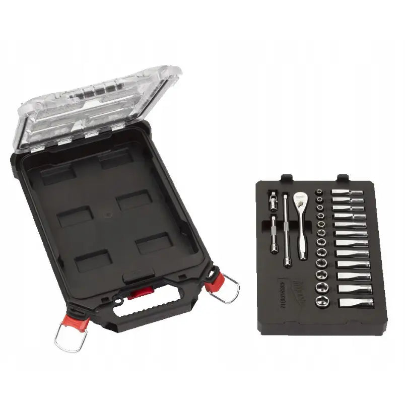 Skrallenøkkelsett 1/4'' Milwaukee Packout, åpen verktøykasse med løst brett og blanke pipenøkler.