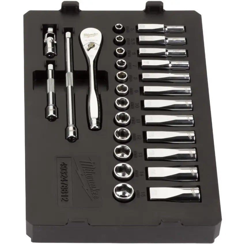 Skrallenøkkelsett 1/4'', 28 deler, sett ovenfra med forkrommede piper og tydelige størrelsesmarkeringer.