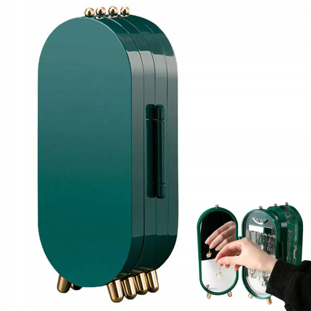 Skrin Organizer for Kosmetikk og Smykker Jane, oval mørkegrønn boks med gullben, åpen med speil og rom.