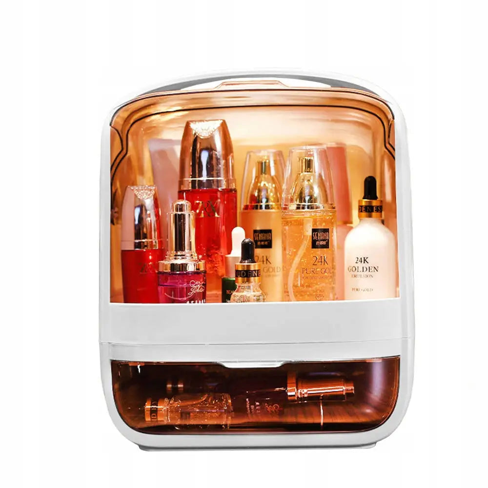 Skrin Organizer Koffert, frontvisning med kosmetikkflasker i gull og rosa samt belyst innside og eget oppbevaringsrom.