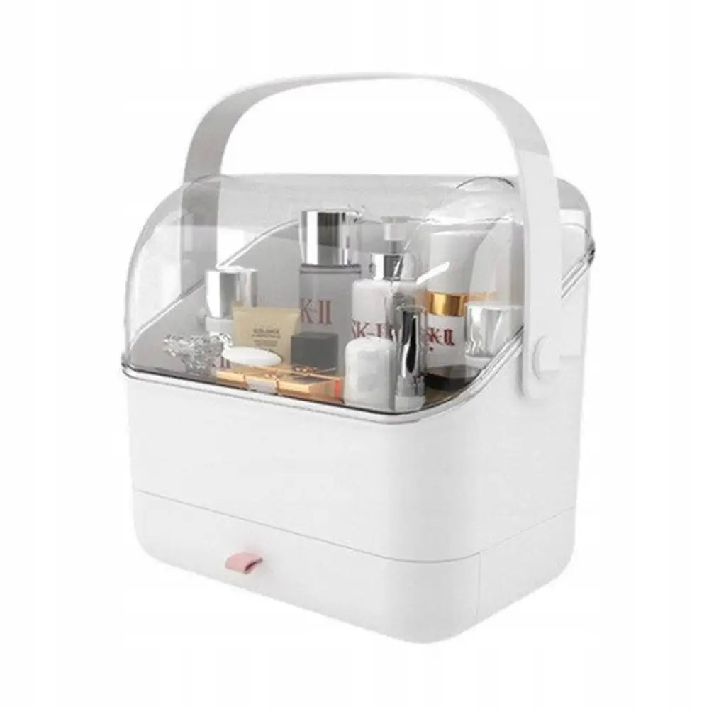 Skrin Organizer Koffert, hvit plastboks med gjennomsiktig lokk og sminkeprodukter synlig inni.