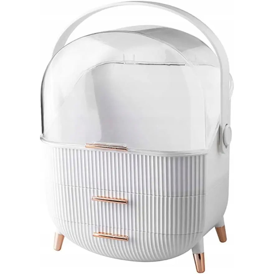 Skrin Organizer Koffert for kosmetikk og smykker, hvit med buet lokk, gullhåndtak og bærehåndtak.