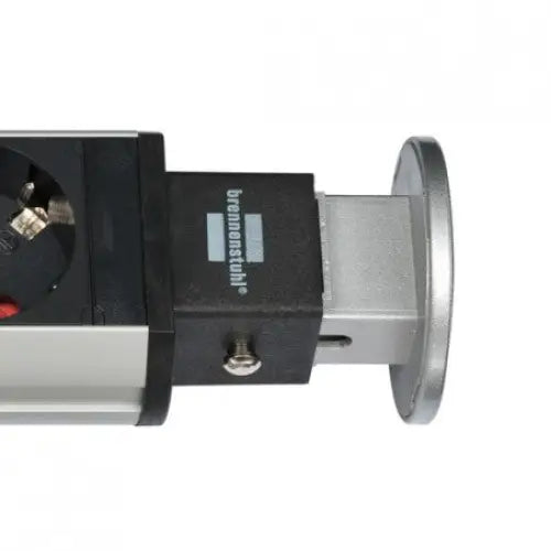 Skrivebordskolonne Tower Power, sidevisning av sølvfarget uttrekkbar seksjon med rund låseknapp og endeplate.