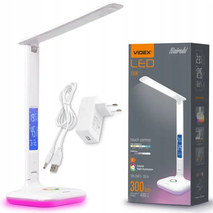Skrivebordslampe med dimmer, hvit LED-lampe med digitalt display, justerbar arm og fargerik lysbase.