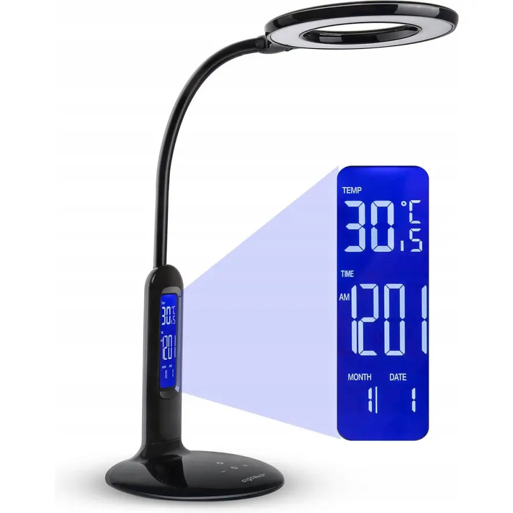Skrivebordslampe med digital skjerm, fleksibel arm og touch-knapper, vist med klokke og temperatur.