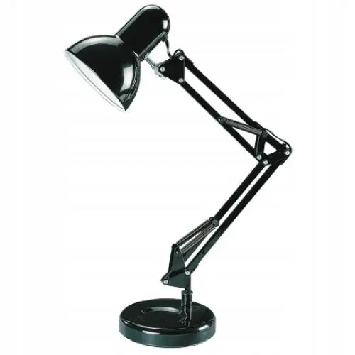 Skrivebordslampe Samson i svart metall, sidevisning med justerbare armer og blank finish.