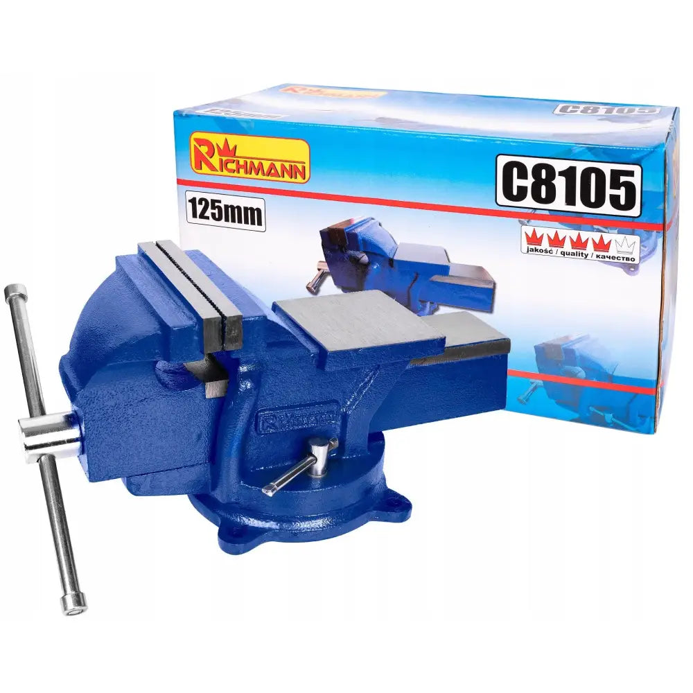 Skrustikke for mekanikerarbeid 125mm, blå metall med sølv kjever og håndtak, eske synlig bak.