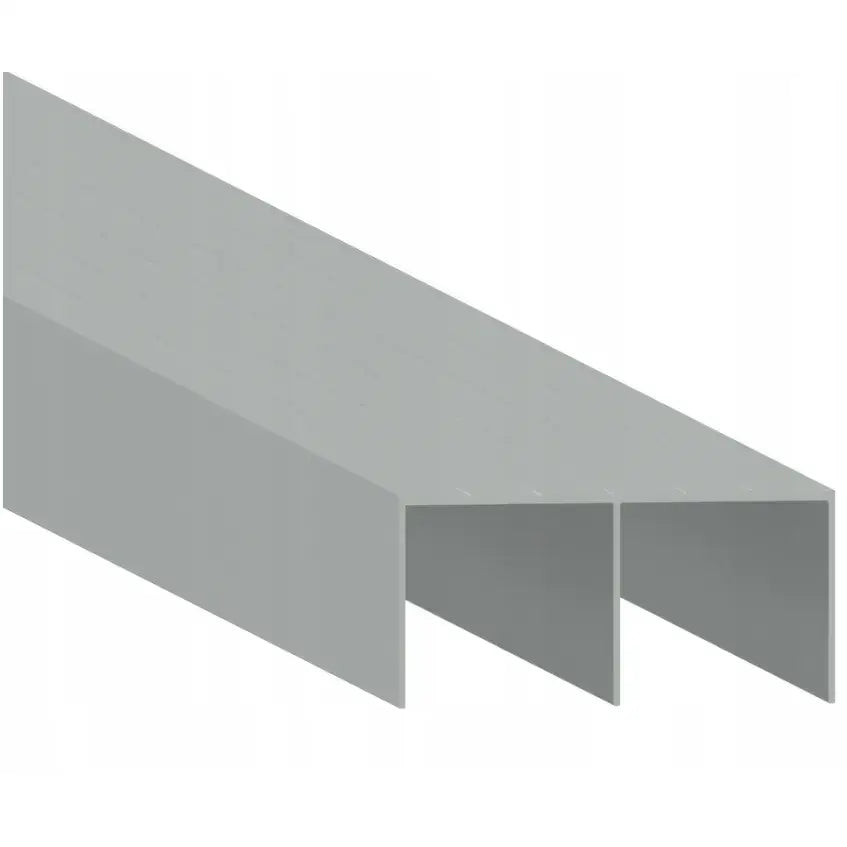 Skyvedørssystem for garderobe, grå metallprofil med to spor sett fra siden og ovenfra, viser rette linjer.