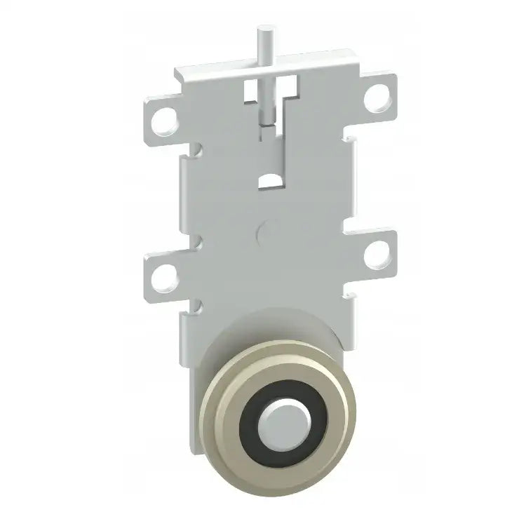 Skyvedørssystem for garderobe, nærbilde av hvit monteringsplate med hjulmekanisme og fire skruehull.