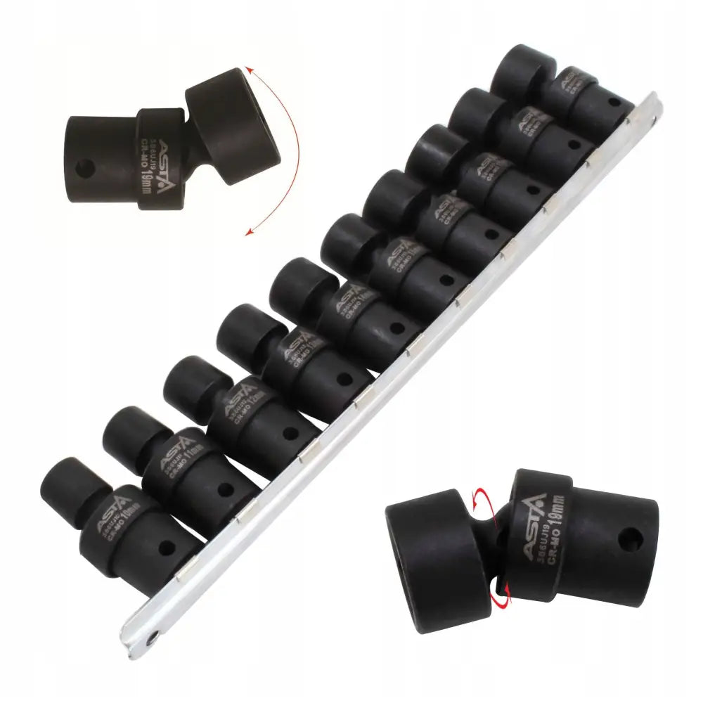 Slagfast universalleddsett 3/8, tre svarte leddadaptere på skinne med fokus på fleksibel ledd og rotasjon.